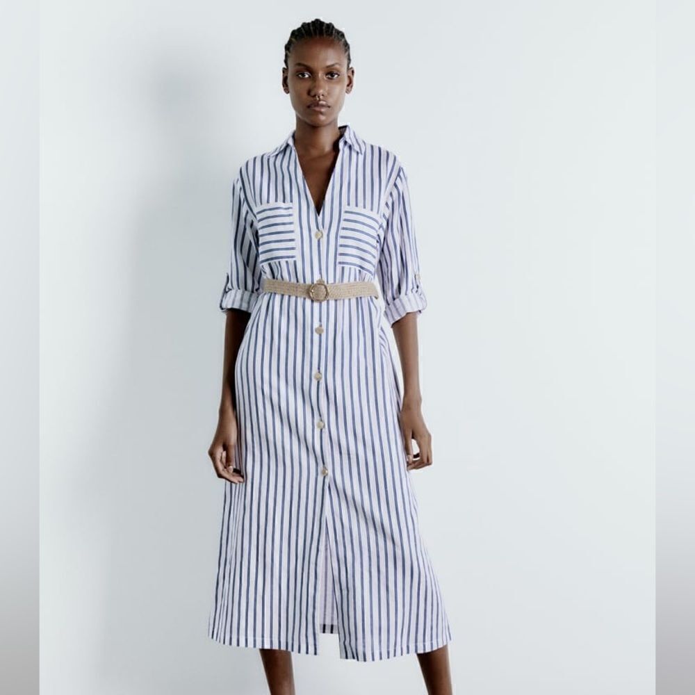 Zara Linen Blend Striped Belted Dress - Picture 7 of 9